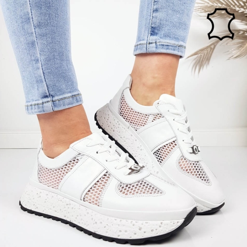 Бели сникърси от естествена кожа с мрежа- Jaklin White 11795