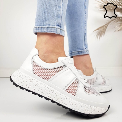 Бели сникърси от естествена кожа с мрежа- Jaklin White 11795