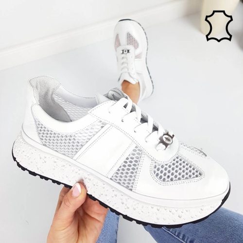 Бели сникърси от естествена кожа с мрежа- Jaklin White 11795