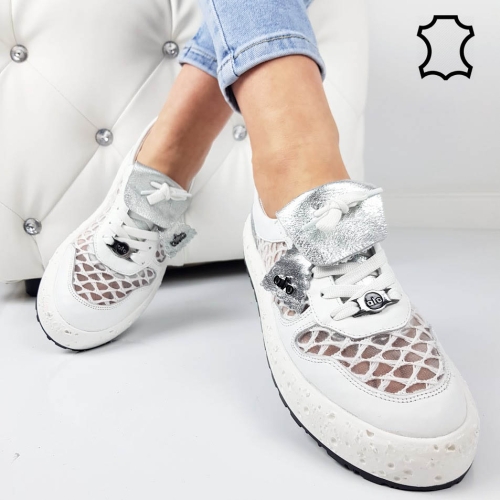 Ежедневни обувки от естествена кожа с мрежа- Alo White 11797