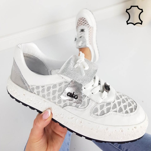 Ежедневни обувки от естествена кожа с мрежа- Alo White 11797