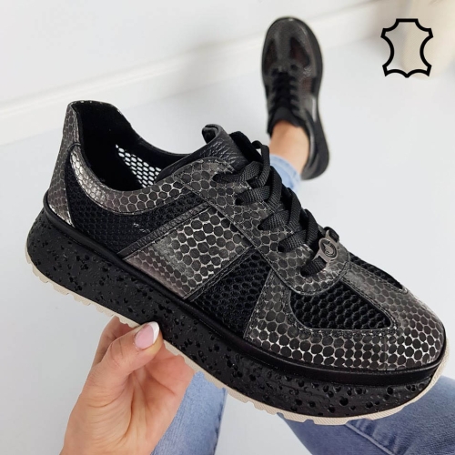 Черни сникърси от естествена кожа с мрежа- Jaklin Black 11799