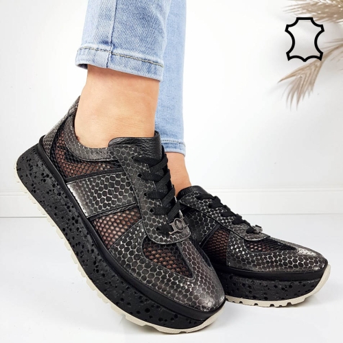 Черни сникърси от естествена кожа с мрежа- Jaklin Black 11799