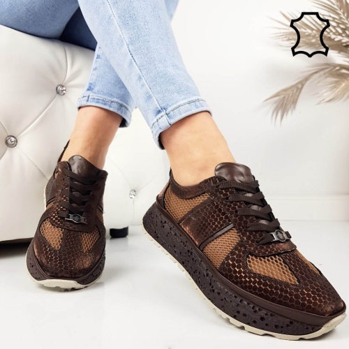 Кафяви сникърси от естествена кожа с мрежа- Jaklin Brown 11801
