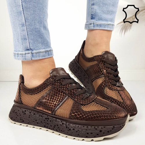 Кафяви сникърси от естествена кожа с мрежа- Jaklin Brown 11801