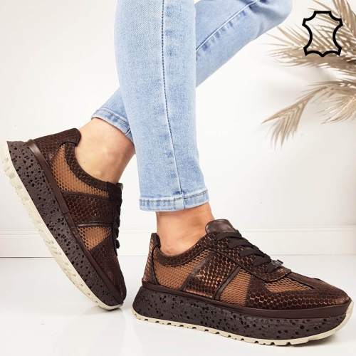 Кафяви сникърси от естествена кожа с мрежа- Jaklin Brown 11801