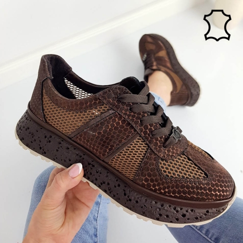 Кафяви сникърси от естествена кожа с мрежа- Jaklin Brown 11801