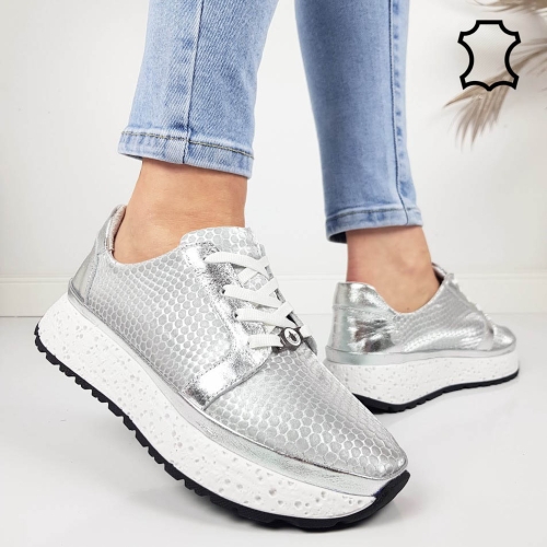 Сребърни сникърси от естествена кожа- Nora Silver 11803