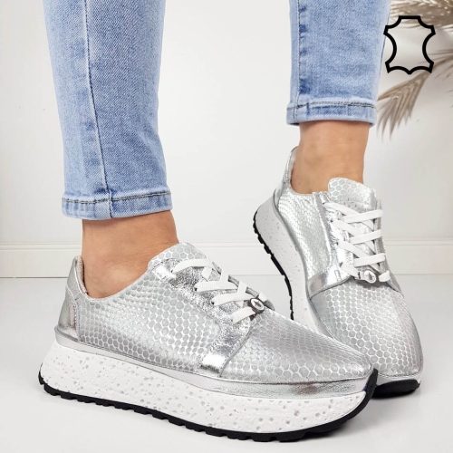 Сребърни сникърси от естествена кожа- Nora Silver 11803