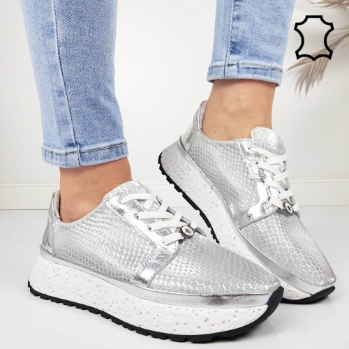 Сребърни сникърси от естествена кожа- Nora Silver 11803