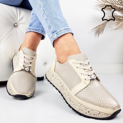 Спортни обувки в бежов и златист от естествена кожа- Nora Gold 11804