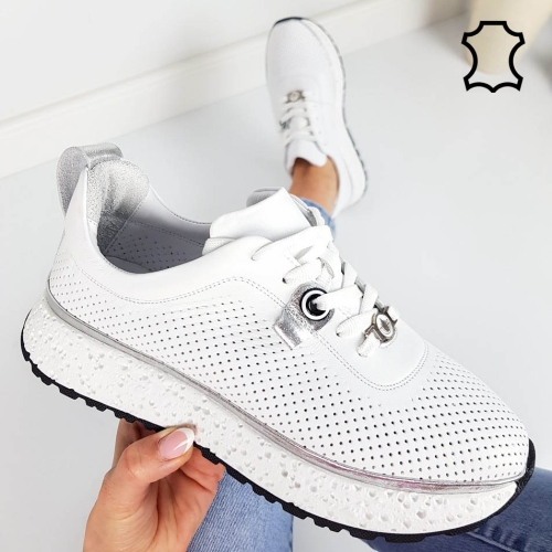 Бели сникърси от перфорирана естествена кожа- Sisi White 11808 
