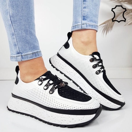 Обувки бяло с черно от естествена кожа- Naomi White 11809