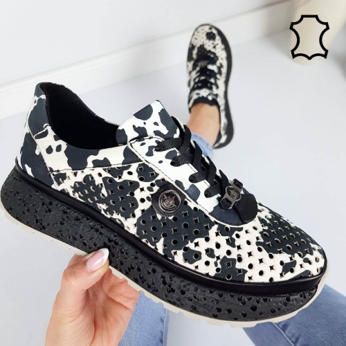 Обувки с кравешки принт естествена кожа- Elia Black 11810