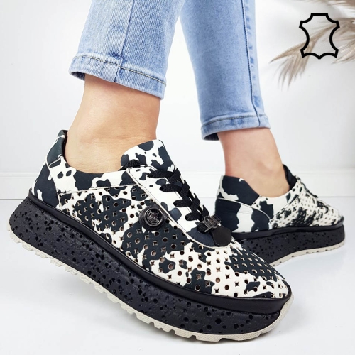 Обувки с кравешки принт естествена кожа- Elia Black 11810