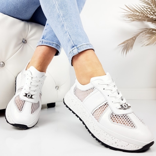 Бели сникърси от естествена кожа с мрежа- Jaklin White 11795