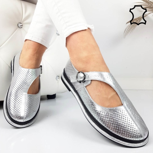 Сребристи мокасини от естествена кожа- Greta Silver 11824