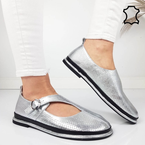 Сребристи мокасини от естествена кожа- Greta Silver 11824