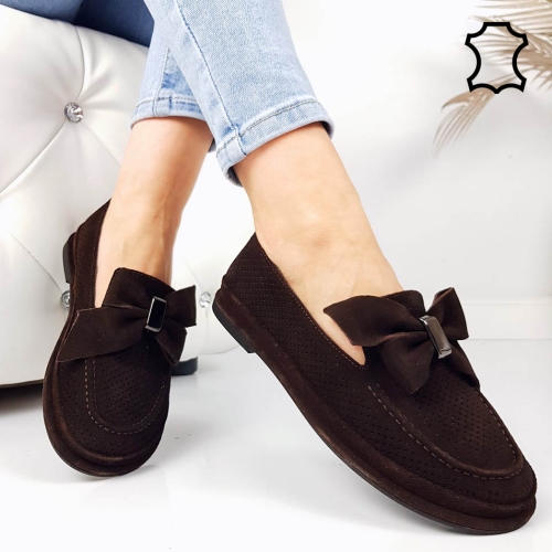 Мокасини от естествен велур в цвят шоколад- lina 11825