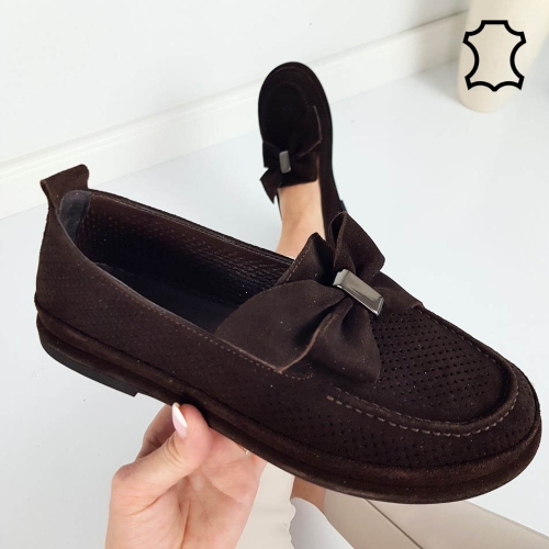 Мокасини от естествен велур в цвят шоколад- lina 11825