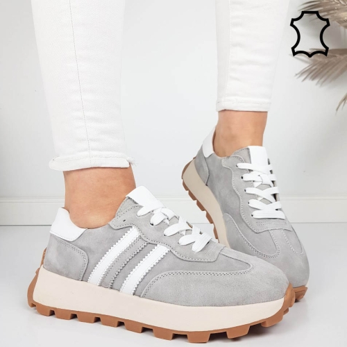 Сиви маратонки от естествена кожа и велур- Samanta Grey 11854