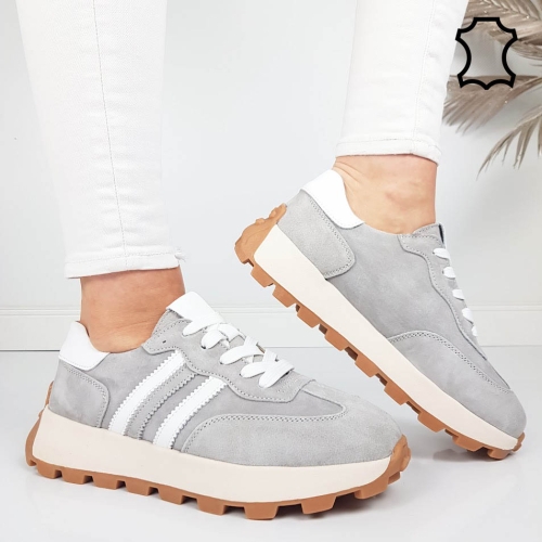 Сиви маратонки от естествена кожа и велур- Samanta Grey 11854