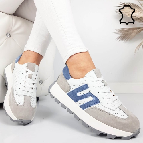 Бели маратонки от естествена кожа и велур- Samanta Beige 11856