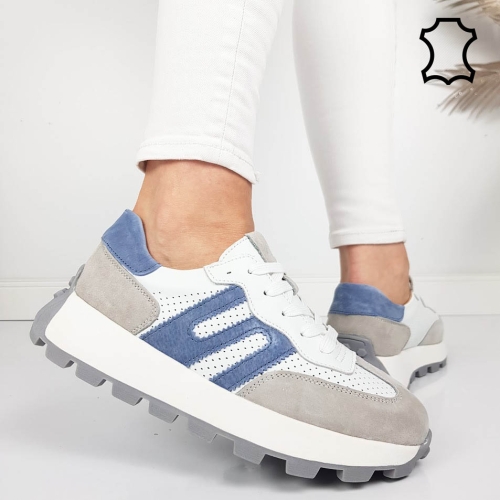 Бели маратонки от естествена кожа и велур- Samanta Beige 11856