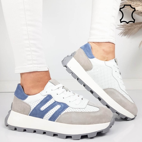 Бели маратонки от естествена кожа и велур- Samanta Beige 11856