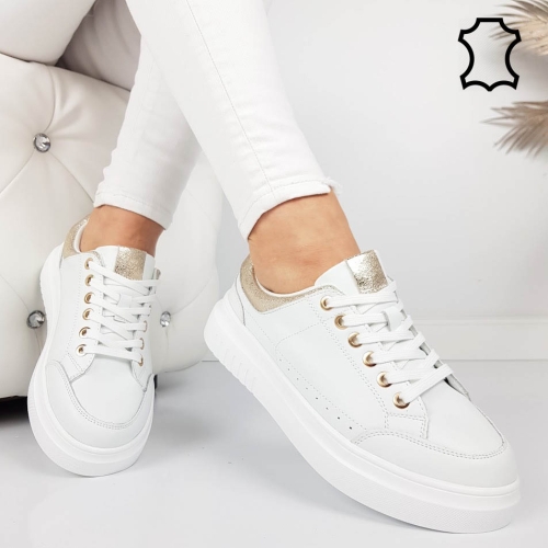 Бели равни кецове от естествена кожа- Sisi White 11858