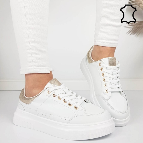 Бели равни кецове от естествена кожа- Sisi White 11858