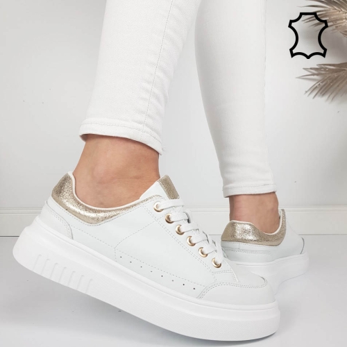 Бели равни кецове от естествена кожа- Sisi White 11858