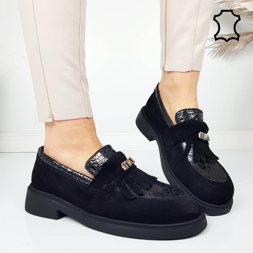 Черни мокасини от стествен велур- Tera Black 11869