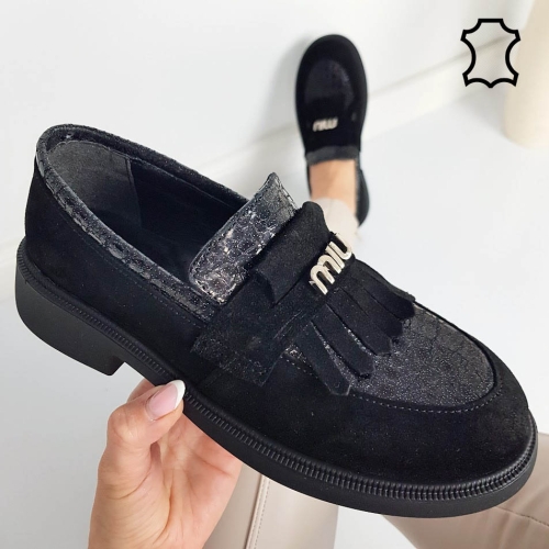 Черни мокасини от стествен велур- Tera Black 11869