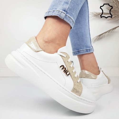 Кецове от естествена кожа в бяло и златно- Nora Gold 11921