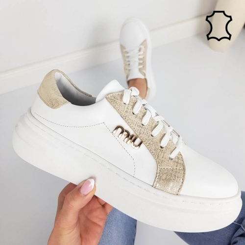 Кецове от естествена кожа в бяло и златно- Nora Gold 11921