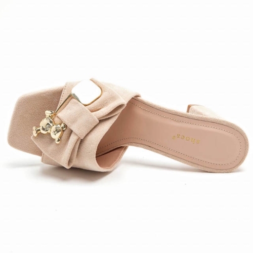 Бежови дамски чехли на широк ток- Venera Beige 12140