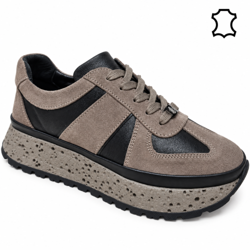 Дамски спортни обувки от естествена кожа и велур- Nansi Black/Taupe 12263