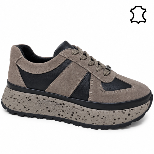 Дамски спортни обувки от естествена кожа и велур- Nansi Black/Taupe 12263
