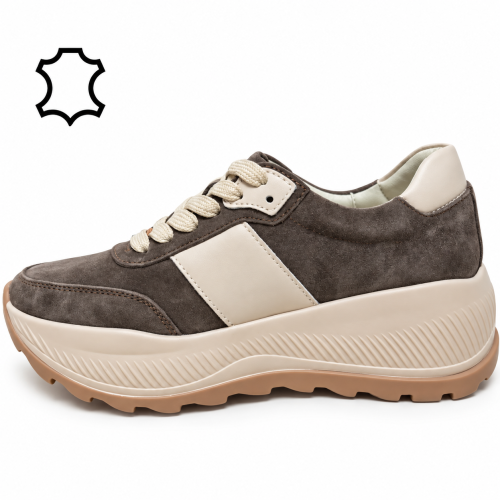 Дамски сникърси от естествена кожа и велур- Velina Beige 12270