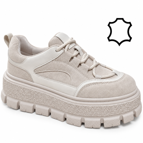 Спортни обувки от естествена кожа на платформа- Keit Beige 12278