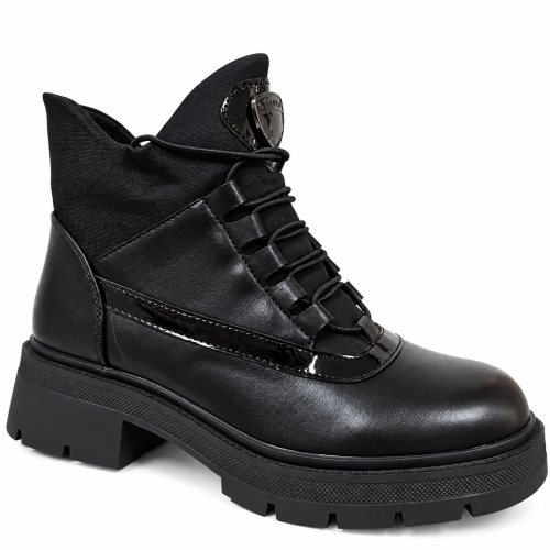 Черни дамски боти с цип и връзки- Valera Black 12376