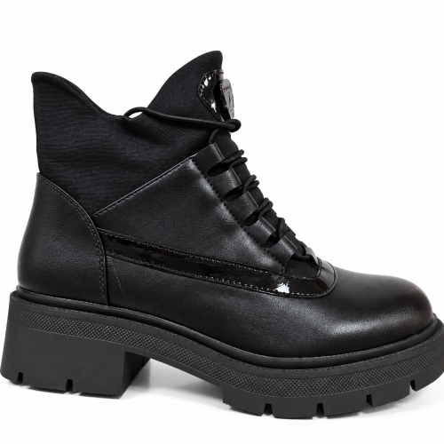 Черни дамски боти с цип и връзки- Valera Black 12376