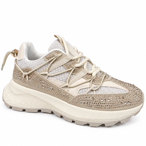 Дамски бежови маратонки с камъни- Jaklin Beige 12439