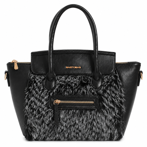 Черна дамска чанта с пухкав косъм- Serina Black 12502